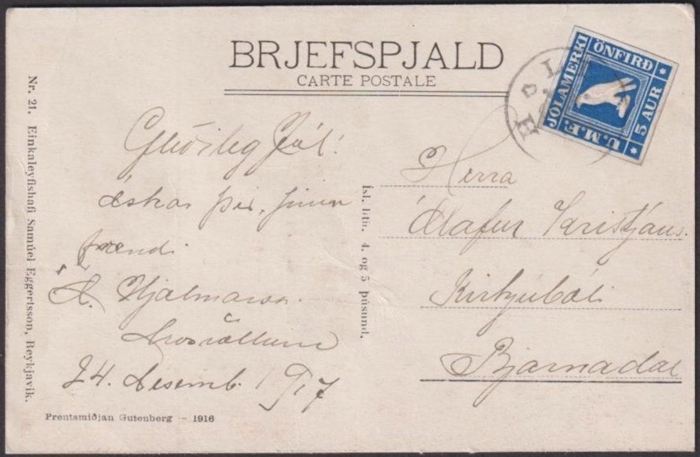 Póstkort með 5 aura Önundarfjarðarmerki stimplað med kónónustimplinum HOLT. Sjaldséð og mjög eftirsó&hellip;