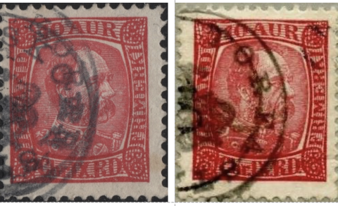 Til vinstri er kórónustimpillinn Skorrastaður algengur og ekki góður, er boðinn til sölu á Facebook …